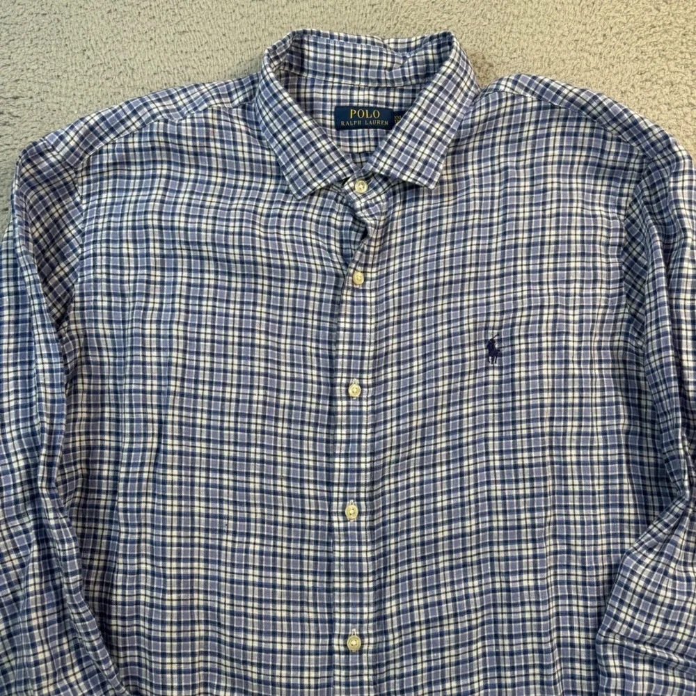 Polo Ralph Lauren Mens XXL‎ Blue White Plaid 100% Linen Button Down Shirt